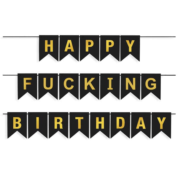Гирлянда Флажки, Happy Birthday для взрослых, Черный/Золото, Металлик, 500 см, 16*12 см
