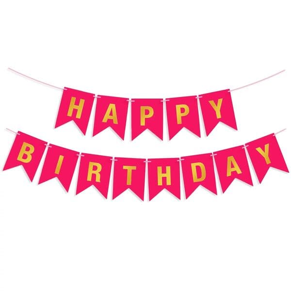 Гирлянда Флажки, Happy Birthday, Фуше/Золото, Металлик, 500 см, 16*12 см